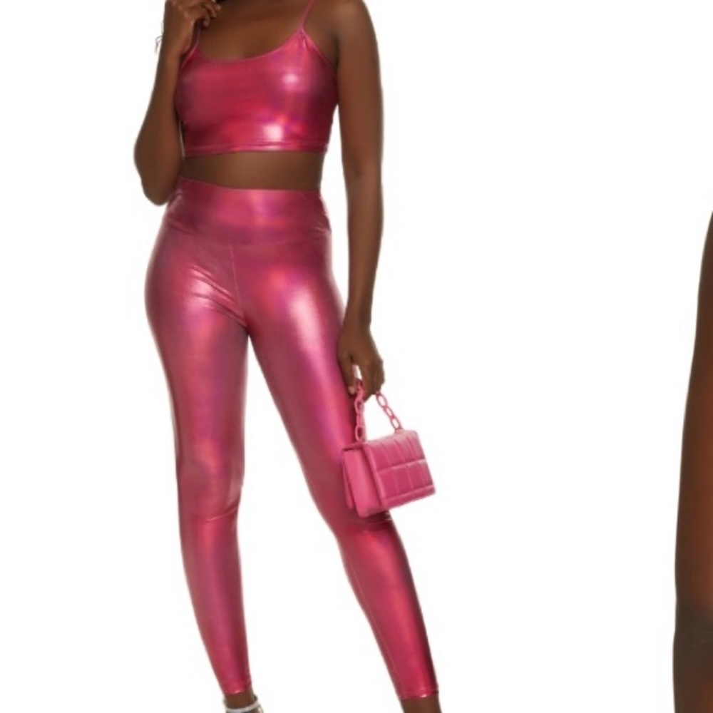 Rainbow Pink Metallic Leggings and Crop Top Set